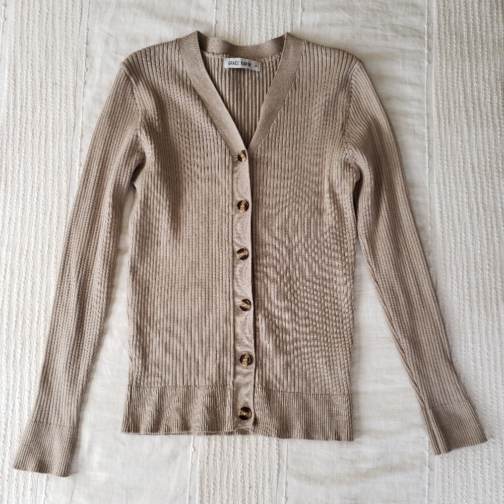 Grace Karin Classic Beige Ribbed Knit Long Sleeve Cardigan Sweater